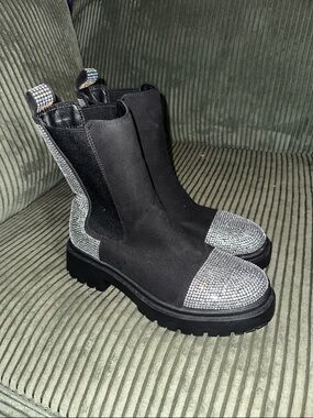 Embellished Black Chelsea Booties with Crystal Accents